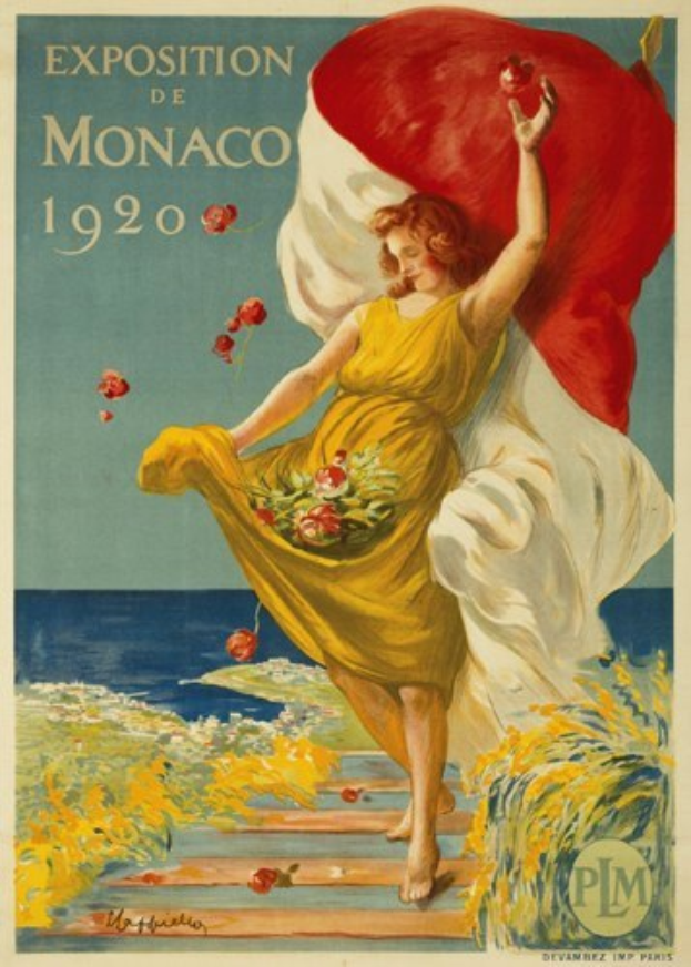 Plakat für die 1920er Monaco-Ausstellung mit einem Frauengesicht, umgeben von Text, Blumen und Wasserbildern.