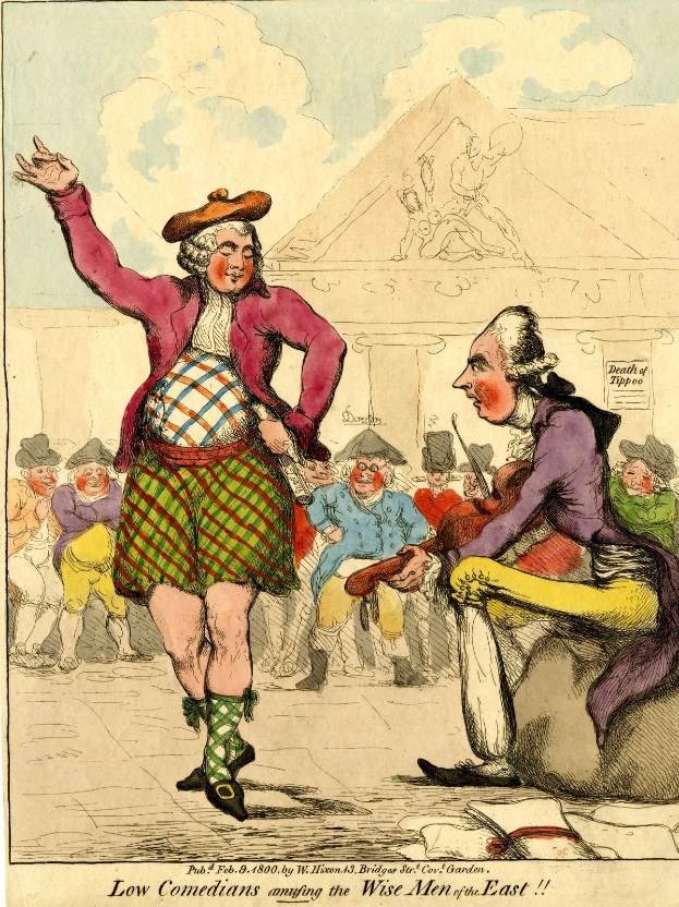 Cartoon eines Mannes in einem Kilt und einer Frau in einem Kleid, die vor einer Menge mit einem Gebäude und Wolken im Hintergrund stehen, mit Text unten, der 'Niedrige Komiker, die die weisen Männer des Ostens unterhalten' lautet.