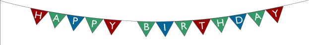 Geburtstagsbanner mit roten, grünen und blauen Fähnchen, die "Happy Birthday" in weißen Buchstaben auf einem weißen Hintergrund zeigen.