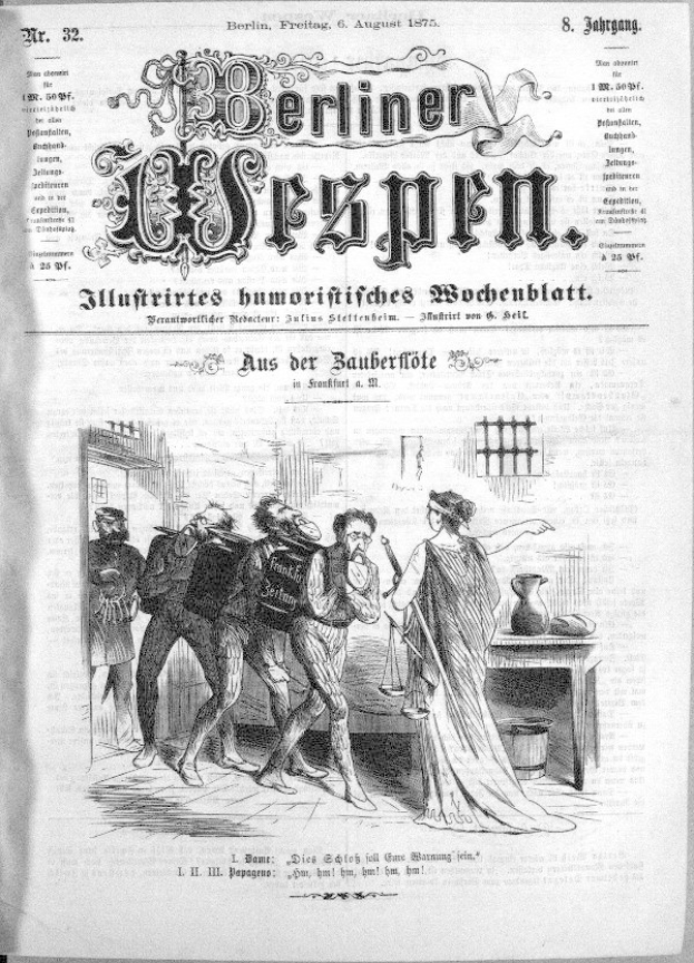 Schwarze und Wei├če Zeitung vom "Berliner Wespen, 6. August 1875" mit einer Gruppe von Menschen in Not, einige schauen entsetzt nach oben und andere verwirrt nach unten.