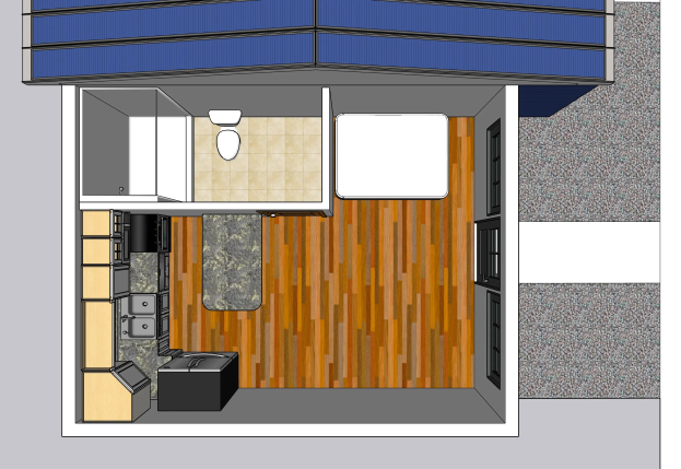 Grundriss eines Tiny House mit Küche und Wohnzimmer, einschließlich Toilette, Waschbecken und Schränken.