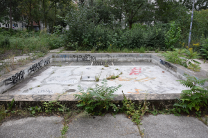 Verlassener Swimmingpool mit Graffiti bedeckt, umgeben von wild wachsenden Bäumen und Pflanzen, mit einem Pfahl in der Nähe, vor Buildings und einem klaren blauen Himmel.