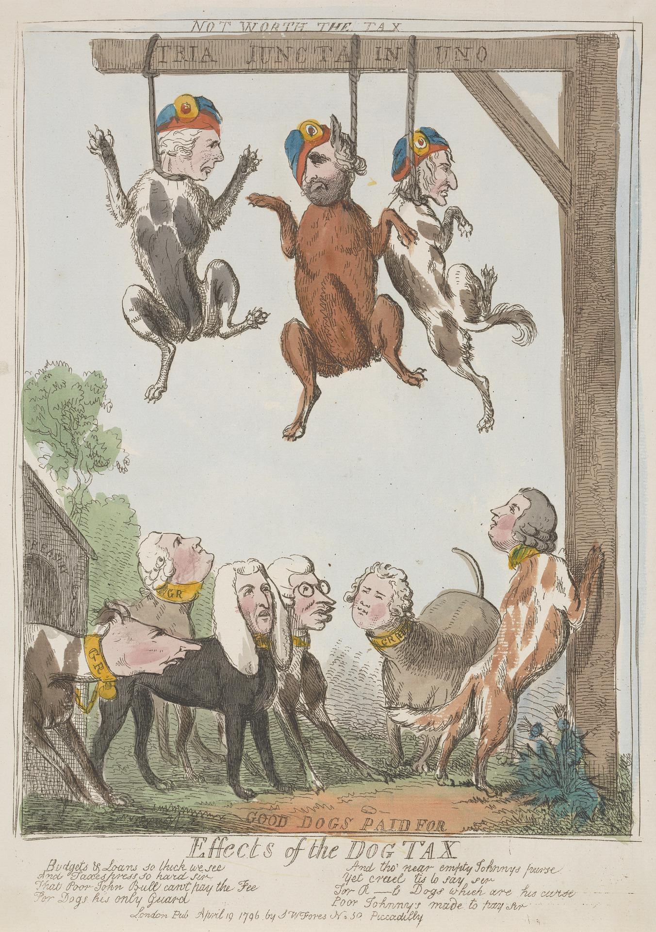 Ein Papierzettel mit einer Zeichnung von Menschen und Tieren, darunter ein Hund, der an einem Holzpfahl hängt, mit begleitendem Text, der wahrscheinlich auf eine Hundesteuer Bezug nimmt.