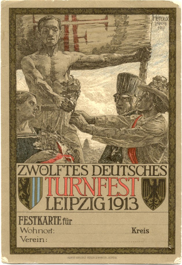 Plakat für das Zwölfte Deutsche Turnfest Leipzig 1913, das eine zentrale Gruppe von Menschen und deutschen Text zeigt.