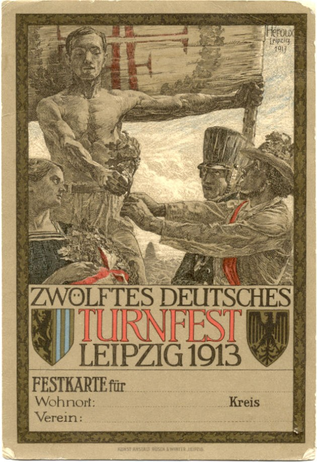 Plakat für das Zwölfte Deutsche Turnfest Leipzig 1913, das eine zentrale Gruppe von Menschen und deutschen Text zeigt.