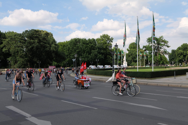 Gruppe von Radfahrern auf einer von Bäumen gesäumten Straße während der Pariser Radtour 2016, mit Laternenmasten, Fahnen, bewölktem Himmel und Fahrzeugen im Hintergrund.