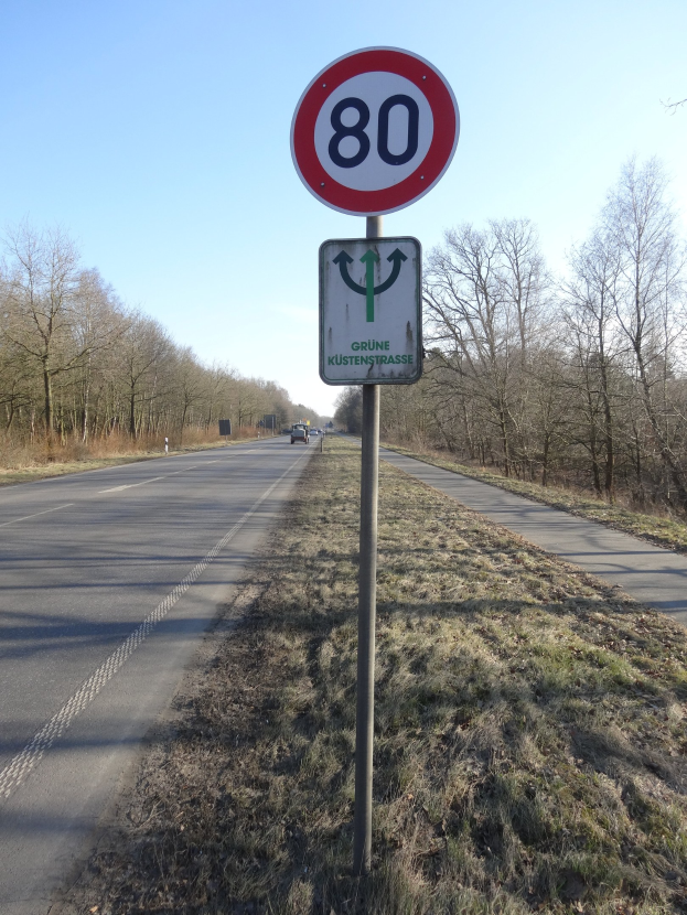Tempobegrenzungsschild am Straßenrand mit vorbeifahrenden Fahrzeugen, Gras, Bäumen und einem klaren blauen Himmel im Hintergrund.