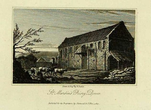 Eine Gravur von St. Martins Priorei, Dyer, mit einem Haus, Bäumen, Tieren und einem Himmel im Hintergrund sowie Text unten.