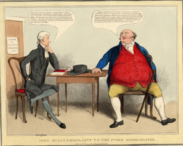 John Bull sitzt einem sitzenden Figurem gegenüber an einem Tisch mit einem Hut und Papieren, während eine Tür und ein wandmontiertes Papier im Hintergrund sichtbar sind.