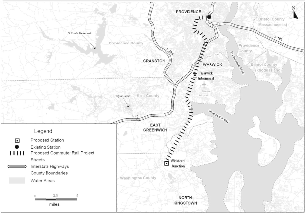 Eine Schwarz-Weiß-Karte einer Stadt mit einem Fluss, beschriftet mit "Vorgeschlagenes S-Bahn-Projekt" auf der linken Seite, die Straßen, Autobahnen und andere Stadtmerkmale zeigt.