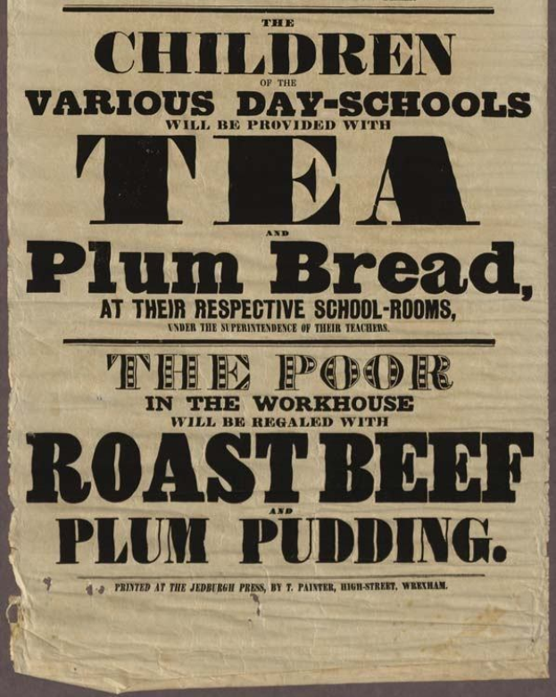 Ein Blatt mit Text, auf dem steht, dass Kinder verschiedener Tagesschulen Tee, Pflaumenbrot, Braten und Pflaumenpudding erhalten werden.