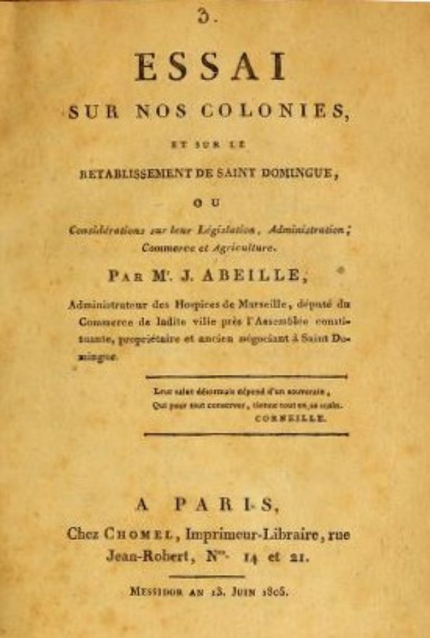 Umblatt eines alten Buches mit dem Titel "Essai sur nos Colonies, et sur l'Établissement de Saint-Domingue", wahrscheinlich eine Sammlung von Essays zur französischen Kolonialgeschichte und der Kultur von Saint-Domingue.