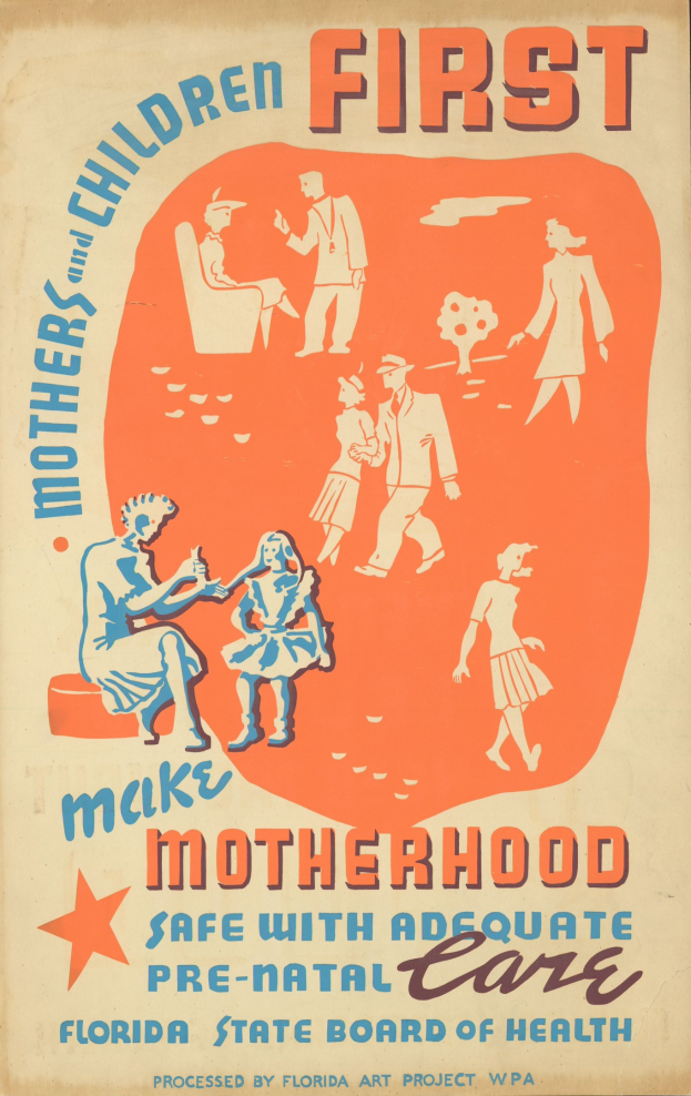 Plakat mit fetter weißer Schrift "Machen Sie die Mutterschaft mit ausreichender Voruntersuchung sicher" auf einem hellblauen Hintergrund, das verschiedene lachende Menschen unterschiedlichen Alters, Geschlechts und Ethnien zeigt, die den Betrachter anblicken.