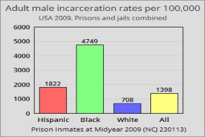Eine Säulen-Diagramm, das die Inhaftierungsraten von erwachsenen Männern pro 100.000 in den Vereinigten Staaten zeigt, mit verschiedenen Säulenhöhen, die verschiedene Raten darstellen, und begleitendem Text, der zusätzliche Dateninformationen bereitstellt.