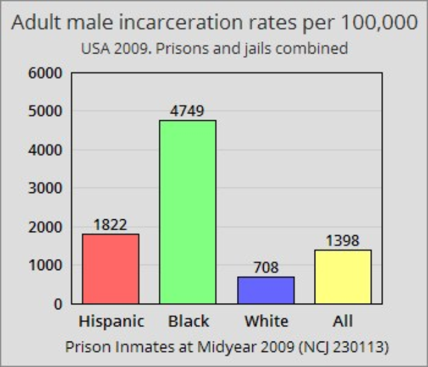 Eine Säulen-Diagramm, das die Inhaftierungsraten von erwachsenen Männern pro 100.000 in den Vereinigten Staaten zeigt, mit verschiedenen Säulenhöhen, die verschiedene Raten darstellen, und begleitendem Text, der zusätzliche Dateninformationen bereitstellt.