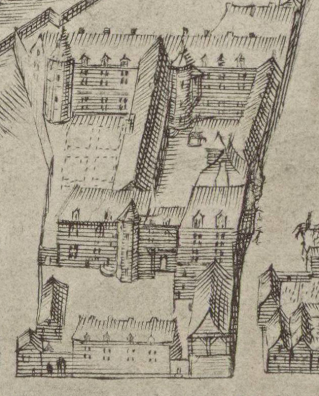 Eine Zeichnung einer Stadt mit zahlreichen Gebäuden, darunter ein Haus in der Mitte, begleitet von handgeschriebenem Text.