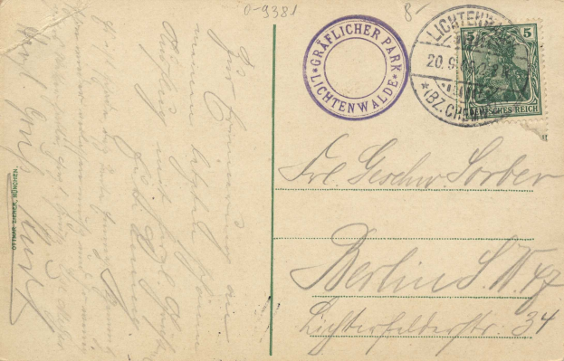 Alte Postkarte mit einer Briefmarke, die "Lichtenwald, Deutschland - Brief nach Deutschland" lautet, mit handgeschriebener Schrift und zwei zusätzlichen Briefmarken in der oberen rechten Ecke.