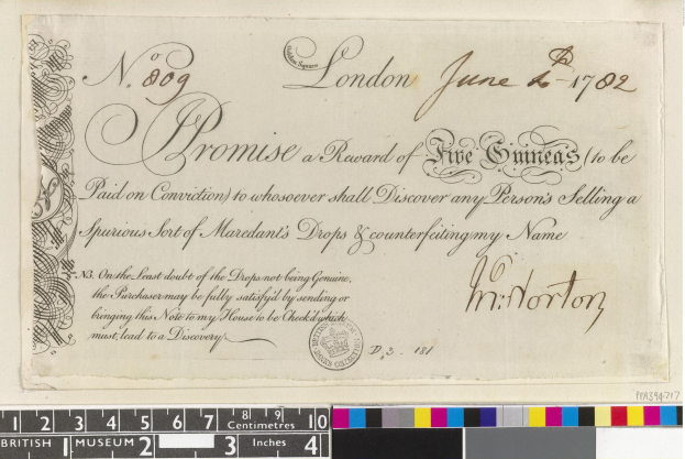 Altes Dokument mit schwarzer und weißer Handschrift, Text und einem Stempel, mit Farbskalen und einer Belohnungsanzeige für die Meldung von gefälschten Mardants-Tropfen.