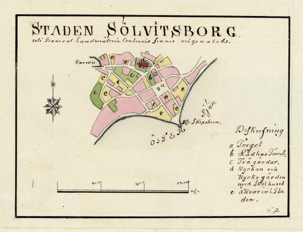 Detailierte Papierkarte von Staden Solvitsborg, Schweden, mit Straßen, Gebäuden und Sehenswürdigkeiten mit handgeschriebener Text.