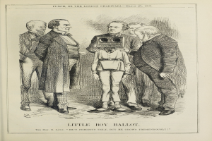 Zeichnung eines kleinen Jungen mit einer Kamera in der Mitte, umgeben von einer Gruppe von Menschen, mit dem Text "Kleiner Junge Stimmzettel" unten.