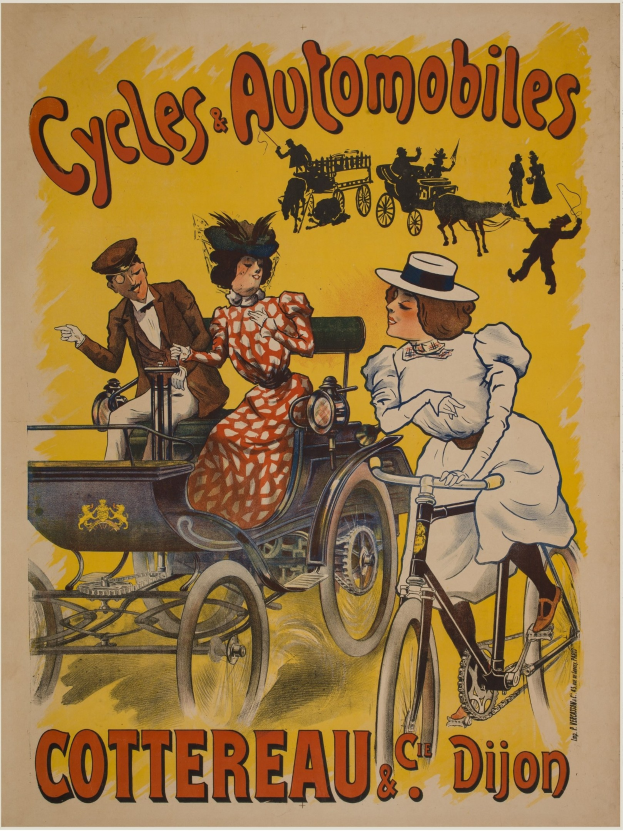 Plakat, das Fahrräder und Automobile in Cottereau und Dijon, Frankreich, zeigt, mit Menschen, die Fahrräder fahren, und einer Kutsche mit "Fahrräder und Automobile" oben drauf.
