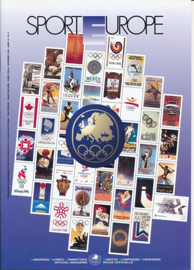Ein Buchumschlag mit dem Titel "Sporting Europe", der lebendige Olympia-themen Bilder, Symbole und Text enthält.