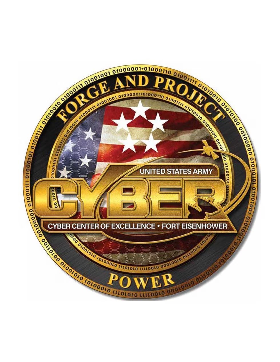 Logo der United States Army Cyber Center of Excellence, Fort Eisenhower, mit einem blauen Kreis mit einem weißen Stern und der Inschrift "Forge and Project Cyber Power" darunter in fetter schwarzer Schrift.