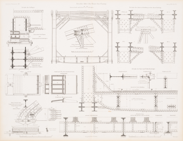 Ein detailliertes Bild einer Eisenbahnbrücke in einem Buch, das ihre Bögen, Träger und andere konstruktive Merkmale zeigt, mit begleitendem Text zur Beschreibung ihres Aufbaus.