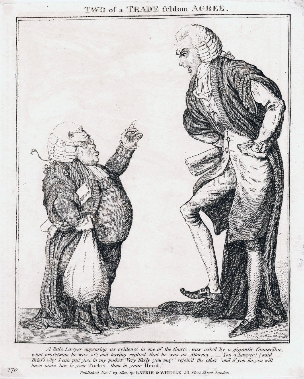 Schwarze und weiße Strichzeichnung von zwei sich gegenüberstehenden Personen, eine hält eine Tasche, mit handgeschriebener Schrift 'Zwei eines Handwerks Feldom stimmen überein' darunter den Figuren.