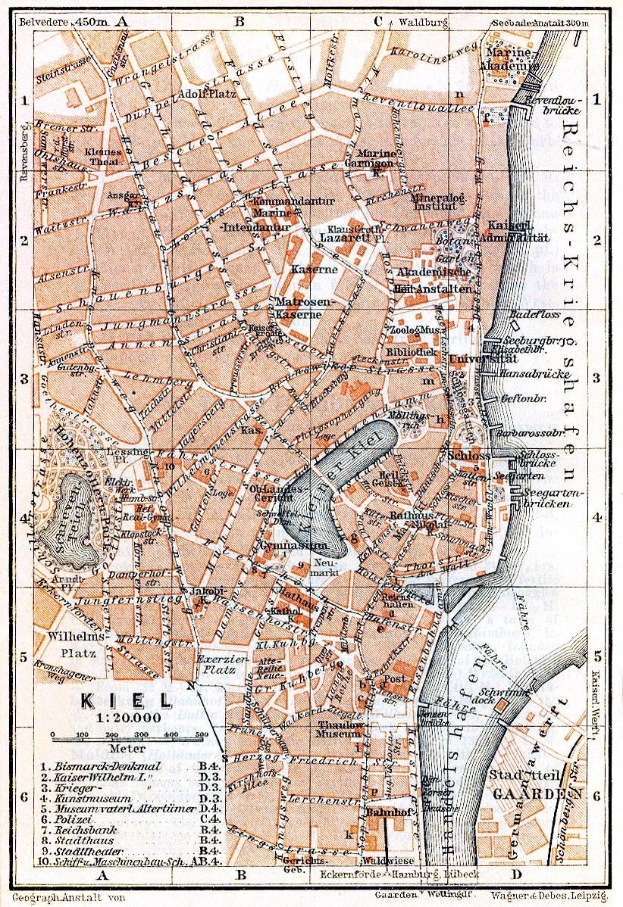Detailiertes altes Stadtplan von Kiel, Deutschland, mit sichtbaren Straßen, Gebäuden und Sehenswürdigkeiten, einschließlich Text oben und unten auf dem Papier.