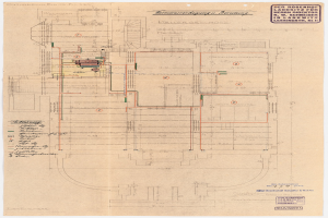 Schwarz-weißer Architekturplan des Rosenhof-Krankenhauses in Hamburg, Deutschland, der detaillierte Layout mit zahlreichen Kabeln, Räumen, Fluren und Textanmerkungen zeigt.