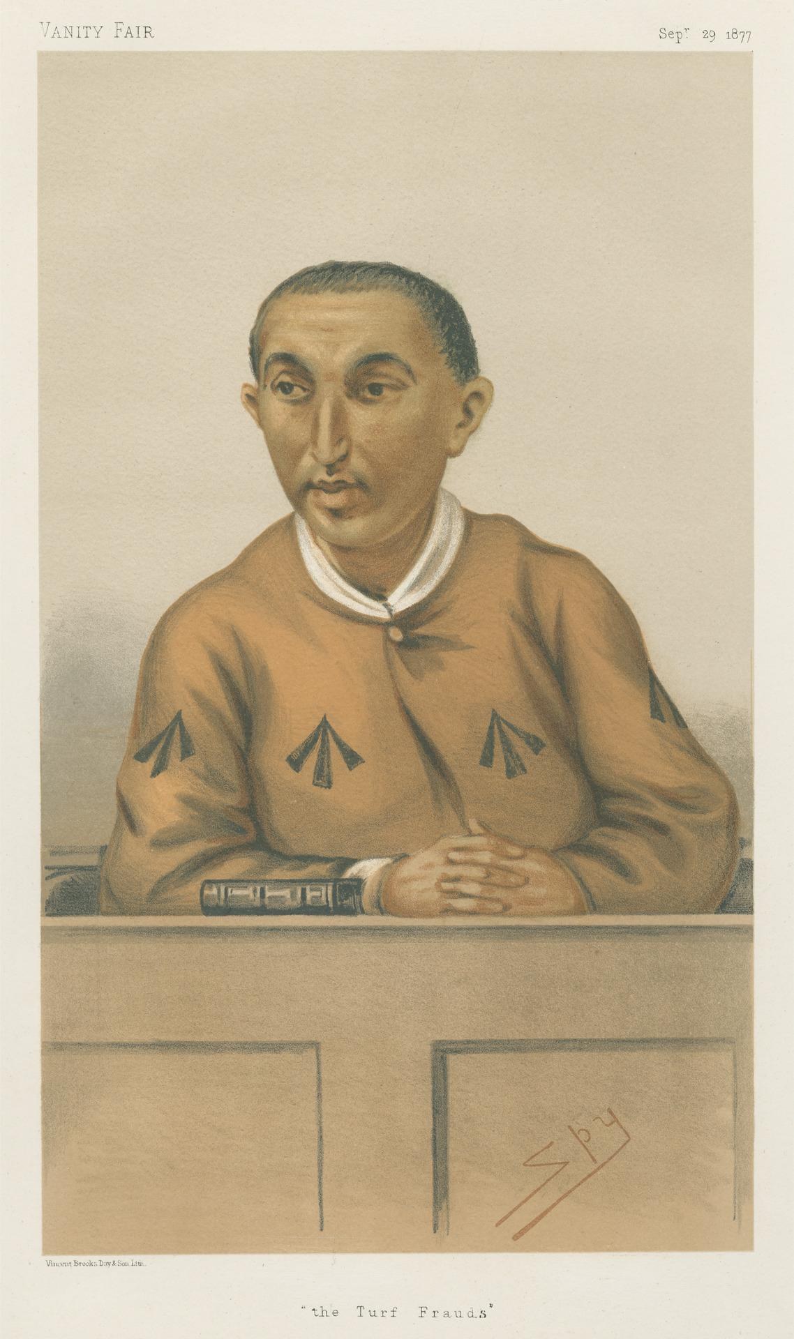 Ein Mann in einem weißen Hemd und dunklen Hosen sitzt an einem Tisch mit gefalteten Händen und sieht ernst aus, mit dem Text "Die Turf Betrügereien" unten.