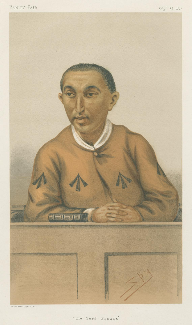 Ein Mann in einem weißen Hemd und dunklen Hosen sitzt an einem Tisch mit gefalteten Händen und sieht ernst aus, mit dem Text "Die Turf Betrügereien" unten.