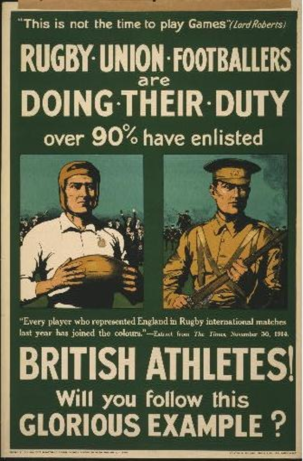 Britisches Weltkriegs I-Rekrutierungsplakat mit zwei Rugbyspielern in Militäruniformen mit Text über Athleteneinsätze.