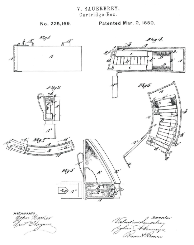 Ein detailliertes technisches Zeichnung einer Maschine mit mehreren Komponenten, einschließlich einer Patronenkasten-Patentzeichnung aus dem Jahr 1880, begleitet von erklärendem Text.