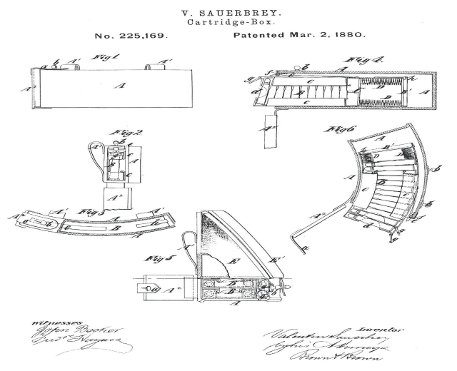 Ein detailliertes technisches Zeichnung einer Maschine mit mehreren Komponenten, einschließlich einer Patronenkasten-Patentzeichnung aus dem Jahr 1880, begleitet von erklärendem Text.