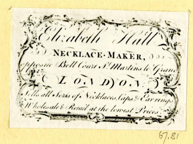 Alte Visitenkarte mit einem Bild eines Schmuckherstellers und Text, der seine Dienstleistungen beschreibt.