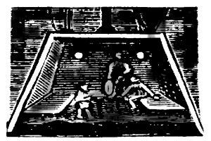 Eine Schwarz-Weiß-Zeichnung eines Fußballspiels im Gange, das zwei Spieler in Uniformen und einen Torpfosten in der Ecke zeigt.