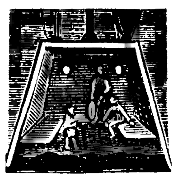 Eine Schwarz-Weiß-Zeichnung eines Fußballspiels im Gange, das zwei Spieler in Uniformen und einen Torpfosten in der Ecke zeigt.