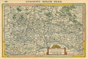 Alte Deutschlandkarte mit den Provinzen Pfalz und Bayern, handschriftlicher Text auf altem Papier.