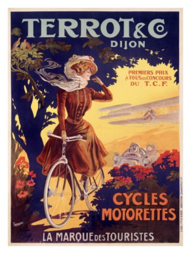 Ein Plakat, das eine Fahrradtour in Frankreich ankündigt und eine Frau zeigt, die ein Fahrrad durch Wälder, Blumen und andere Menschen fährt, mit Text, der die Tour beschreibt.