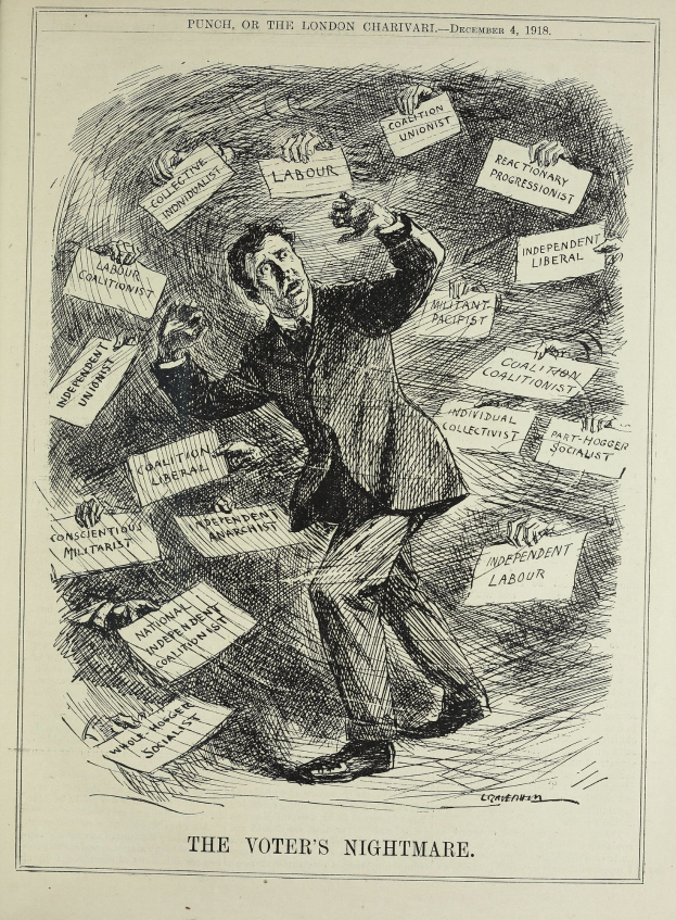 Ein Mann im Anzug und mit Krawatte hält ein Schild mit der Aufschrift "Der Wähler-Albtraum" und blickt entschlossen, strahlend und selbstbewusst.