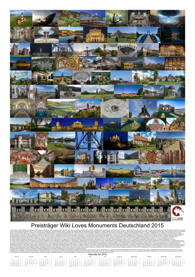 Ein deutscher Kalender aus dem Jahr 2015 mit dem Titel "Preisträger Wiki Loves Monuments Deutschland 2015", der ein Collage von Monument-Fotos zeigt.