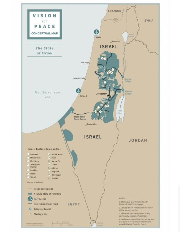 Plakat mit der Aufschrift "Vision für Friedenskonzept-Kartendarstellung" mit einer farbcodierten Karte Israels und fetter schwarzer Schrift oben.