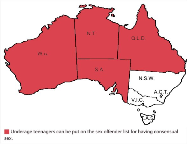 Eine Karte von Australien mit rot schattierten Regionen, die den Prozentsatz von minderjährigen Teenagern in jedem Bundesstaat anzeigen, begleitet von Text, der besagt, dass minderjährige Teenager für einvernehmlichen Sex auf die Sex-Täter-Liste gesetzt werden können.