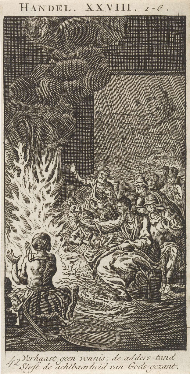 Schwarze und weiße Gravur von Menschen, die sich um ein Feuer versammelt haben, einige schauen ängstlich nach oben und andere ehrfürchtig nach unten, mit Text oben und unten auf dem Papier.