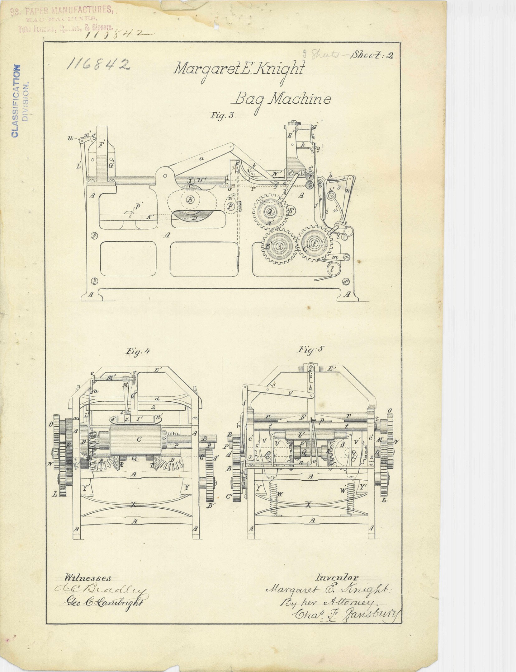Detailierte Linienzeichnung einer Bag-Maschine auf Papier, die Komponenten wie einen Griff und Räder zeigt, begleitet von beschreibendem Text.