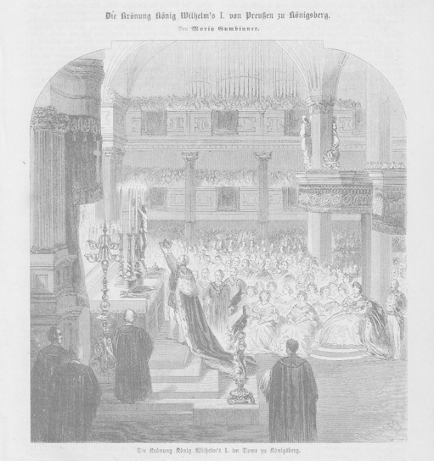 Schwarze und weiße Zeichnung einer großen Menschenmenge in einer Kirche bei der Krönung von Wilhelm II. von Deutschland, mit einem Kerzenständer links und Text oben und unten.