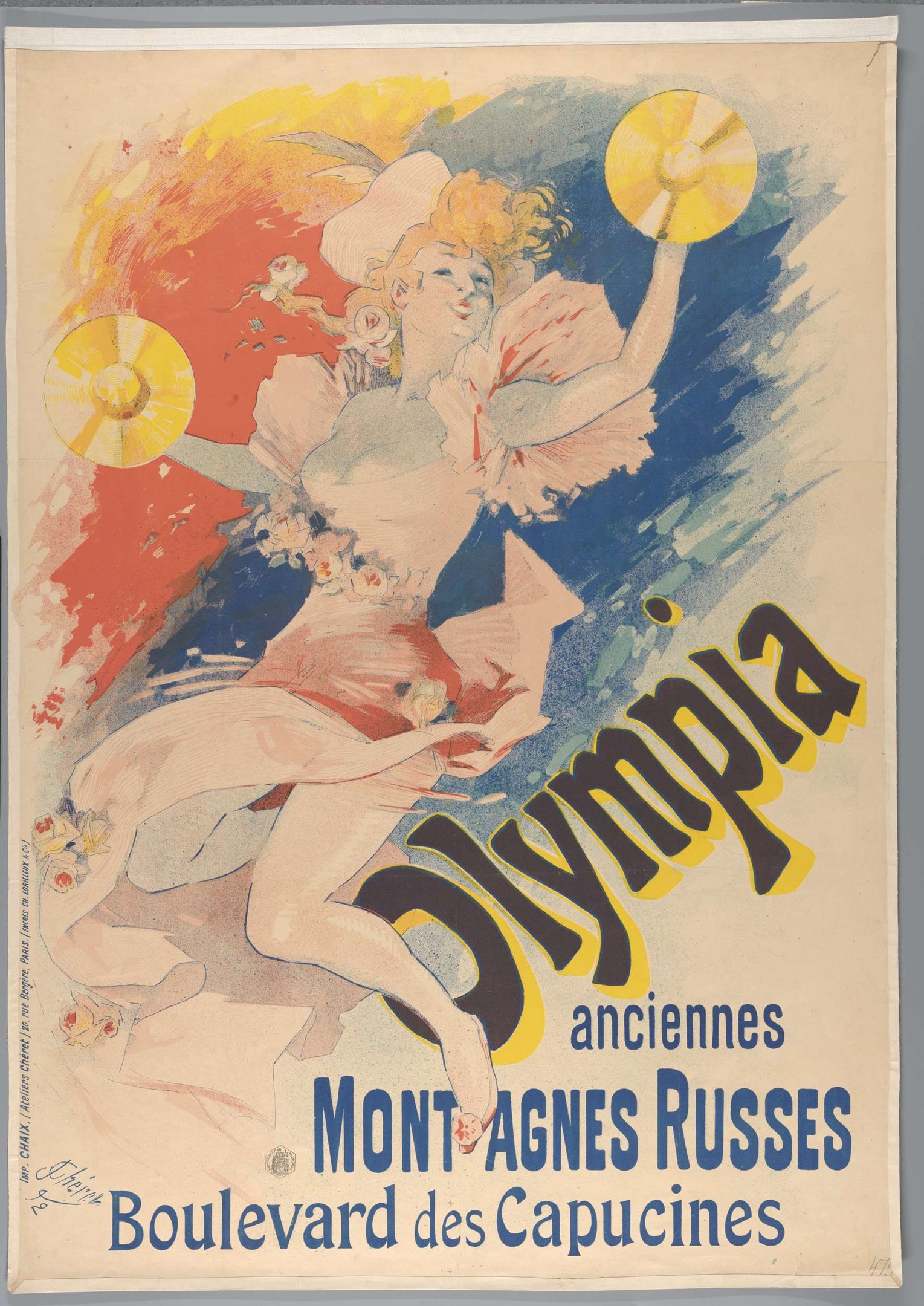 Plakat für die Olympischen Spiele in Mont-Agnes-Russes, Frankreich, mit einer Frau in farbenfrohem Kleid, die einen Fächer hält.