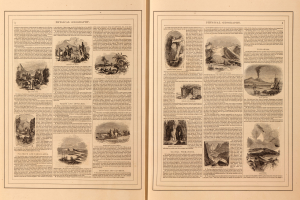 Offenes Buch mit mehreren Seiten, die Bilder von Landschaften wie Bergen, Flüssen und Wäldern sowie beschreibenden Text zeigen.